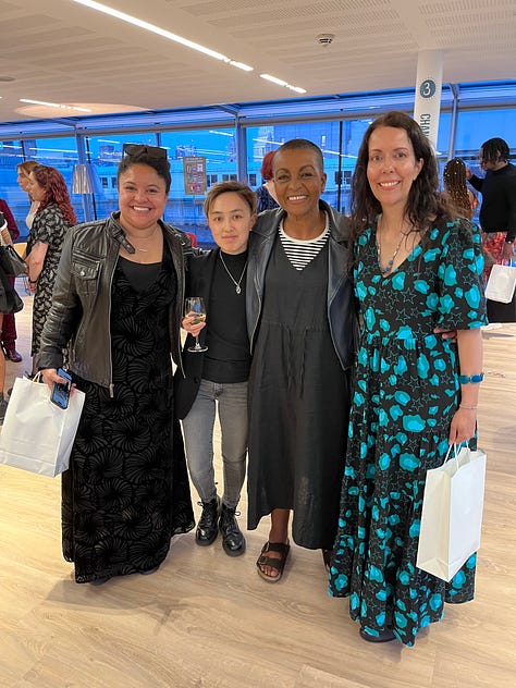 A selfie of me with all the other shortlisters, a photo taken by Marve of herself with us all, a photo of me with Adjoa Andoh, Calah & Ewen Ma.