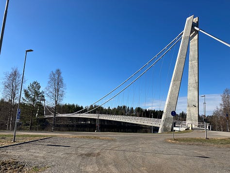 Low bridge at the start, suspension bridge takes you to the island