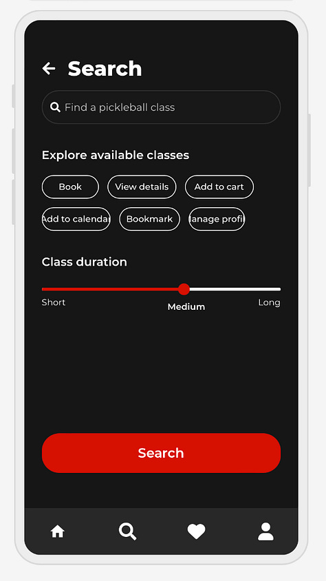 Interface prototypes for a gym app that allows users to select Pickleball classes; generated by Uizard.io