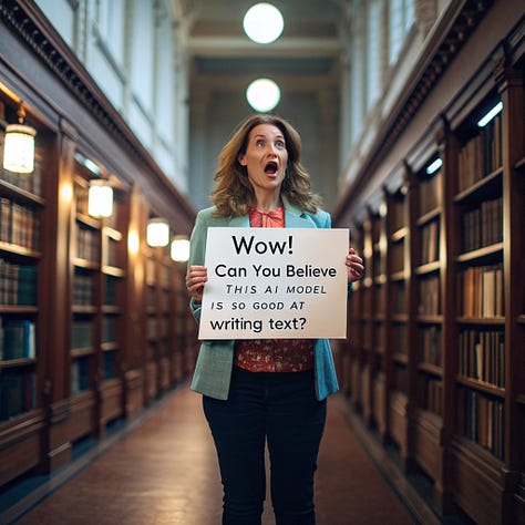 A woman with a shocked expression stands in the middle of a library. She's holding a sign that says "Wow! Can you believe this AI model is so good at writing text?” by DALL-E, FLUX, Ideogram, Imagen, Midjourney, Recraft. Stable Diffusion