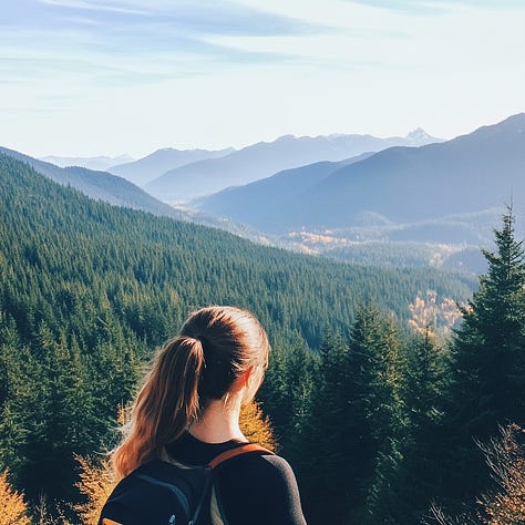 photo of a woman, mountains and trees in the distance --no background blur, bokeh