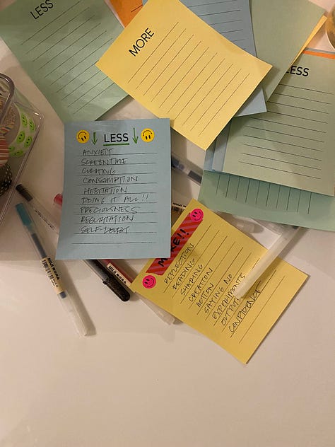 Left photo: Sticky notes with “Less” and “More” written at the top, surrounded by pens and highlighters. The “Less” note includes items like “Anxiety,” “Screen time,” “Consumption,” and “Hesitation.” Center photo: Sticky notes taped to a white door. The “More” note includes items like “Reflection,” “Reading,” “Sharing,” and “Confidence,” marked with checkmarks. The “Less” note lists items such as “Anxiety” and “Procrastination,” marked with crossed-out circles. Right photo: Sticky notes placed next to a laptop on a wooden desk. The “More” note lists items like “Writing,” “Reading,” “Exercising,” and “New ideas.” The “Less” note includes items such as “Alcohol,” “Spinning out,” and “Instagram.” A shadow of sunlight falls across the notes.