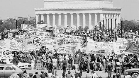 Gallery of six images: top three (black and white) are photographs of protests from the Reagan era, bottom three are photographs of protests/marches in the modern day, showing Americans marching for similar if not the same causes