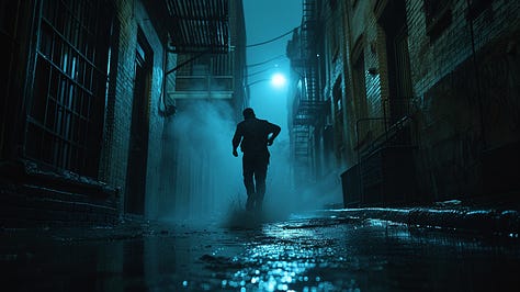 A cinematic still of a man running through a narrow alleyway at night, close-up shot, cool blue and green lighting with high contrast, urgent and thrilling escape scene, shot on an Arri Alexa, 8K.