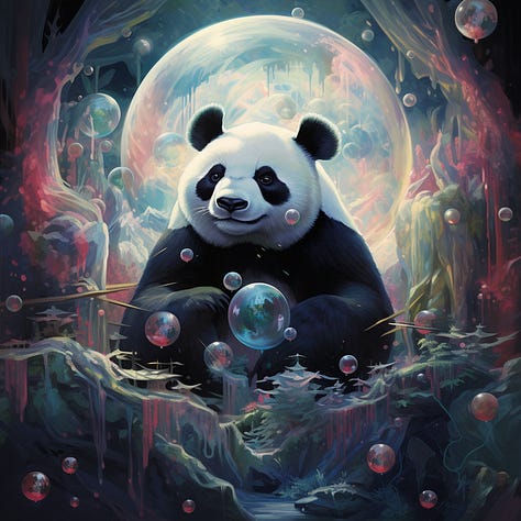 Midjourney results for dreamcore + lamp, panda, tractor