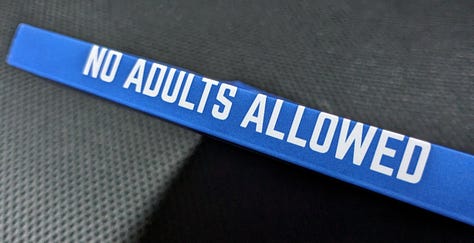 Three images demonstrating a misaligned spine on the cover of No Adults Allowed.