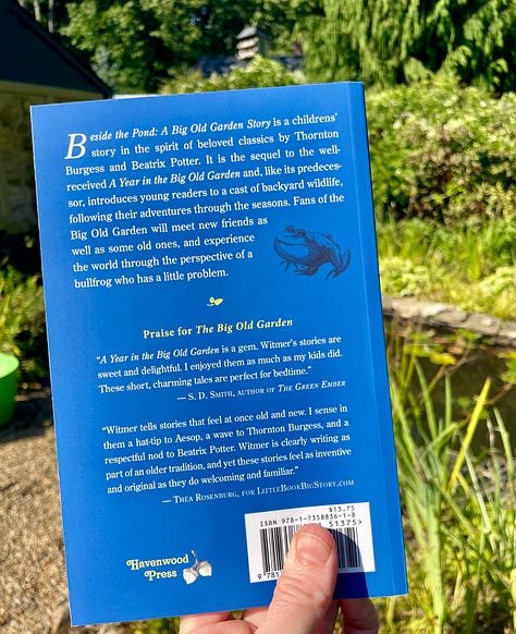 The second book in the series, Beside the Pond, near its inspirational spot: our pond at Havenwood.