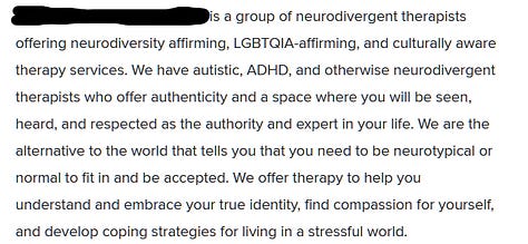 Five paragraphs of text from three therapists, who self-describe as members of the trans community, neurodivergent, or both.