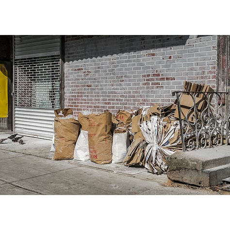 photographs of trash cans, plastic wrapped Christmas trees