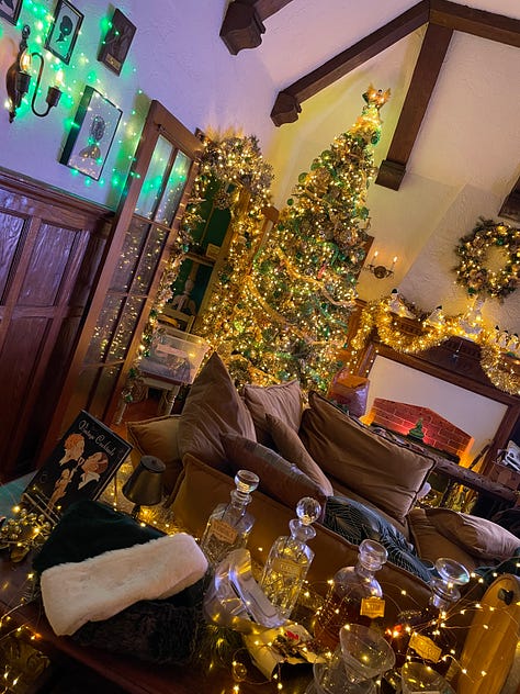 An explosion of green & gold festivity with lots and lots of twinkly lights.
