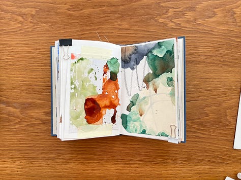 Mixed media sketchbook pages with abstract paintings