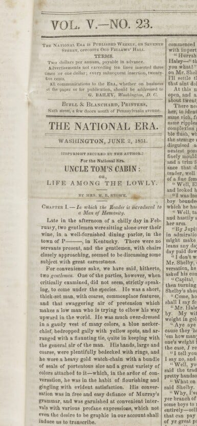 Announcement in The National Era, Harriet Beecher Stowe, Installment of 'Uncle Tom's Cabin'