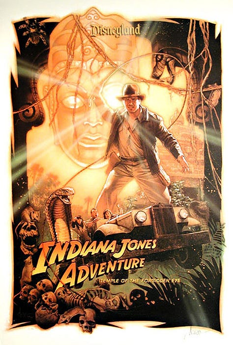 Disney ride posters for Zootopia, Indiana Jones, Animal Kingdom