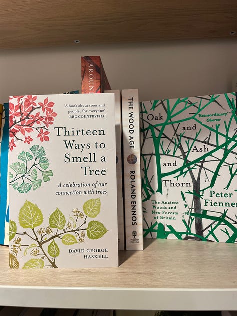 Book titles include Thirteen Way to Smell a Tree, The Wood Age, How to Be More Tree, Jungle, A Tree A Day, Ever Green 