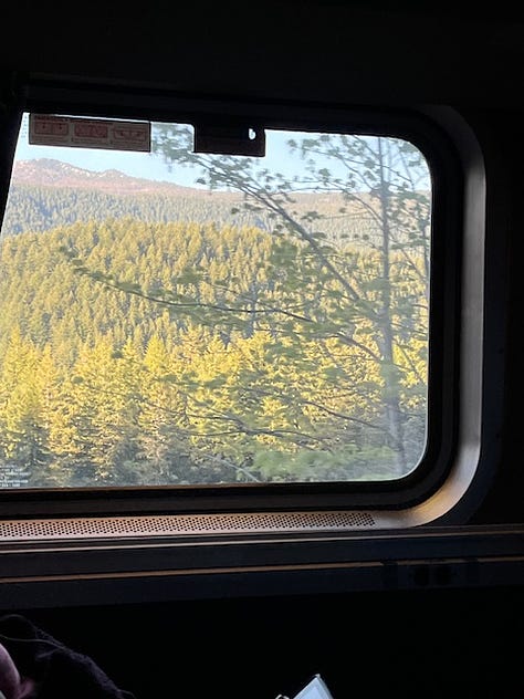 Photo of the train station lobby, view out the train window of the beautiful landscape, and our small bunk