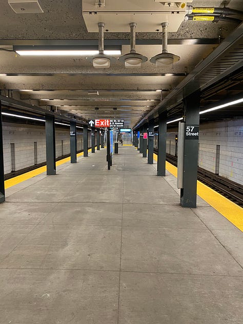 empty subway car, Joshua on empty car, empty platform at 57th Street F train station