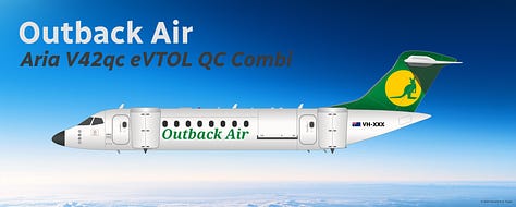 The current Outback Air fleet: 1) Aria V42qc Quick Change Combi, 2) Bombardier DHC-8 Q400QCC Combi, 3) Bombardier DHC-8 Q200, 4) Cessna 208B Grand Caravan, 5) Daher Kodiak 900, and 6) de Havilland Canada DHC-6-300 Twin Otter - all shown in side view.