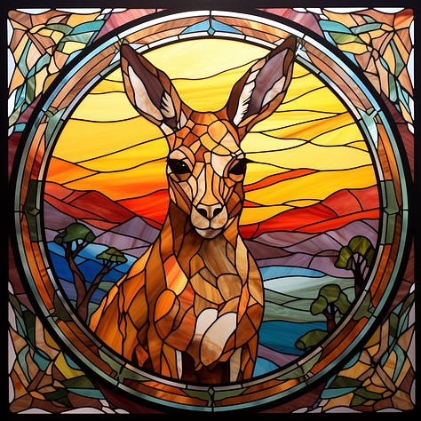 Flower, kangaroo, train + stained glass MJ prompt