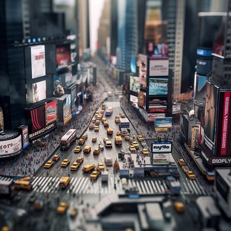 Tilt-shift images of Times Square, a beach hut, and a concert with crowds of people