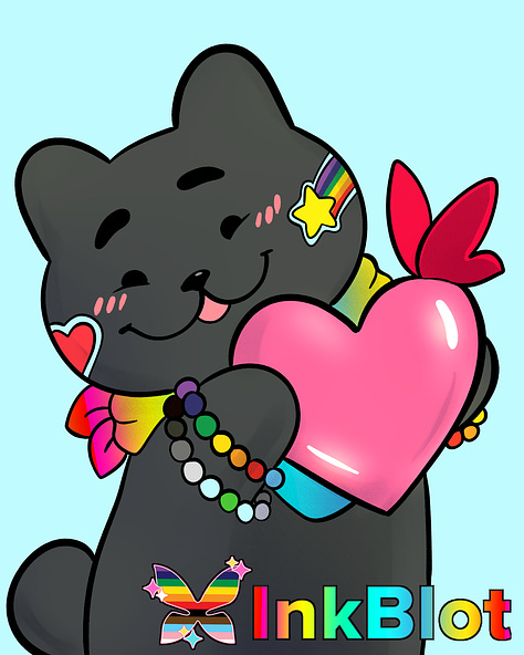 Mascot, Bo the Cat, depicted as a lion holding a progressive flag in their mouth, a sticker and bracelet Bo holding a heart with Tai the butterfly on top of the heart, and lastly a drawing depicting Bo and Tai wearing rainbow sunglasses as Bo holds an agender flag while doing finger guns. Above the sunglasses Bo is hearts and flowers framing the words "Pride Month".