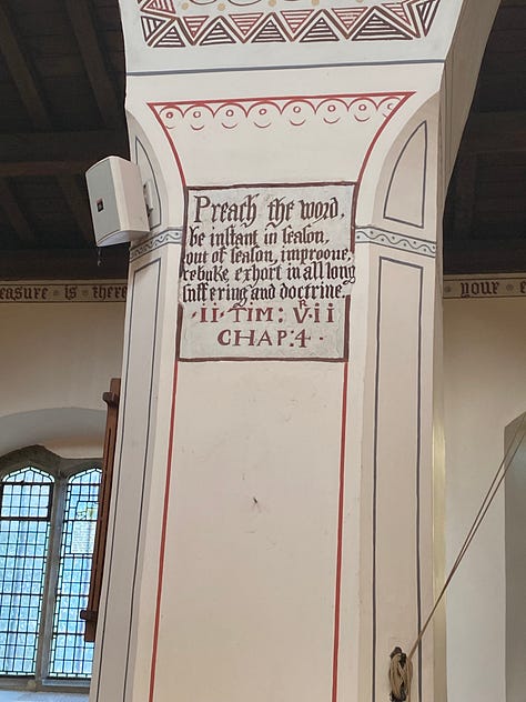 Left: a grey stone church building against a blue sky. Center: a church interior featuring columns with text and decorative stenciling, a wooden roof with Scripture verses on the crossbeams, and a chancel with stained glass. Right: a column with 2 Timothy 4:2 written on it.