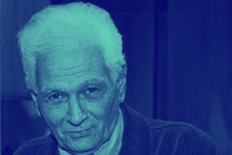 Duotone images of detail from photograph of Jacques Derrida.