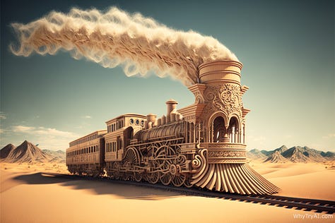 Train, saloon, riding horse made out of spaghetti