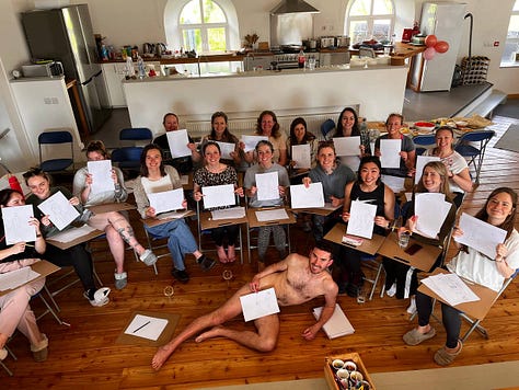 male nude model in life drawing hen party poses