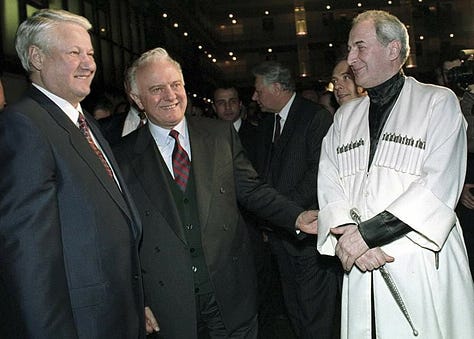 Russian President Boris Yeltsin and Georgian President Eduard Shevardnadze after signing the Treaty of Russian-Georgian Friendship, Good Neighborliness, and Cooperation (3 February  1994).