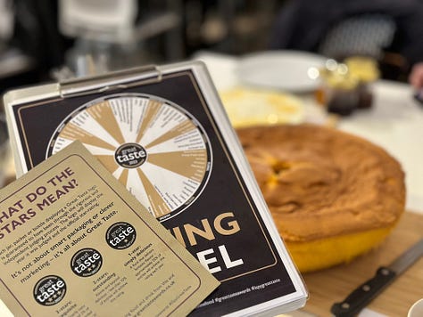 Charts showing great taste judging; a pie waiting to be to tasted with other judges in the background; the frontage of the offices in London, Great Taste Awards