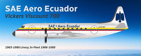 A selection of former SAETA Airlines aircraft types: 1) Douglas DC-3, 2) Douglas DC-6, 3) Vickers Viscount, 4) Sud Aviation SE 210 Caravelle, 5) Boeing 707-320B, 6) Boing 727-200 Advanced, 7) Boeing 720B, and 8) Boeing 737-300 - all shown in side view.