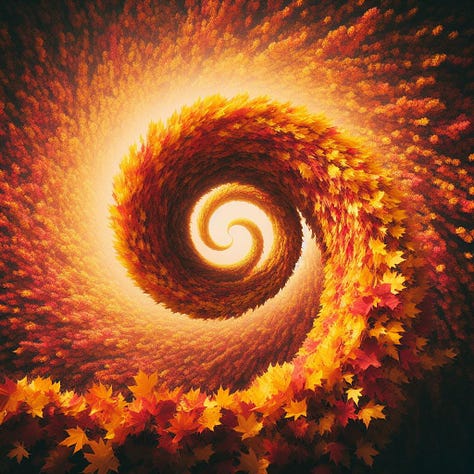 Ethereal spiral of vibrant autumn leaves in a golden tornado