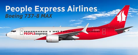 The current People Express Airlines fleet: 1) Boeing 737 MAX 8, and 2) Boeing 737-800, 3) Boeing 737-700.