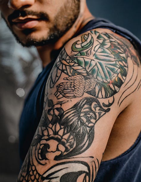 Several photos of an eye with the universe reflected, a woman at a parade, tattoos and hands holding a flower