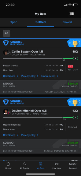 Proof of winning sports bets.