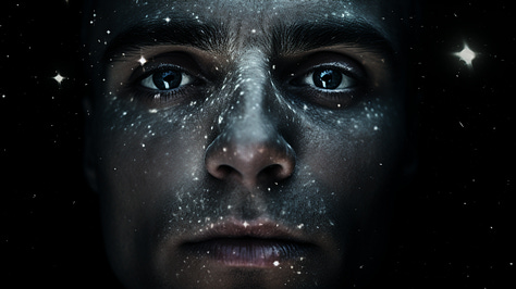 A man's face, moon and stars behind him, double-exposure