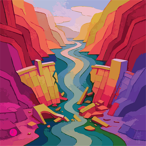 An colorful artistic illustration of a canyon first with a dam and power station, then a broken dam and finally a Canyon where the river is flowing unempeded again.