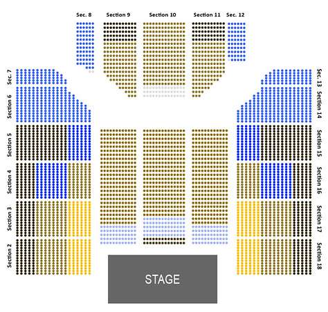 Seating chart from left to right: full spectrum color-coded, color coded without red (Protanopia), greyscale (Achromatopsia)