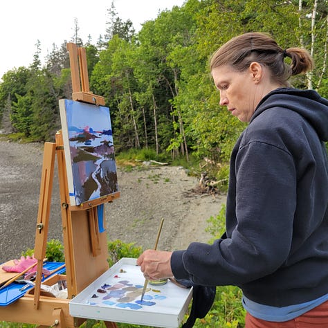 Kate painting at Pressy Cove and two paintings