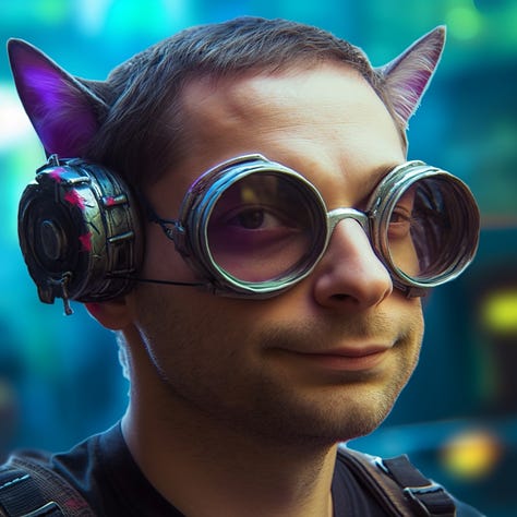 Daniel Nest photo blended with a cyberpunk cat portrait