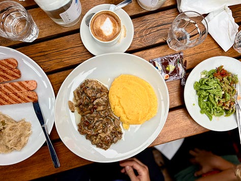 Sample of meals from the Italian Dolomites, including polenta with mushrooms, homemade ravioli with spinach, and canederli with cabbage salad