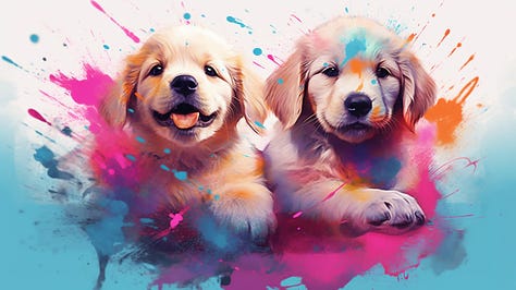 Illustration of puppies playing, splashy paint splotches, jewel-toned colors, hyper-realistic, UHD