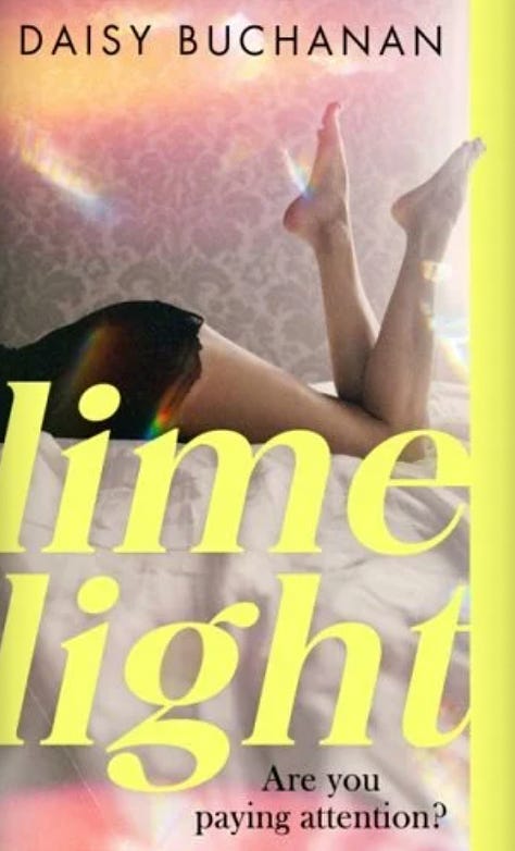 Book covers for INSATIABLE - two hands tearing an orange open on a dark background, CAREERING - a woman wearing a bright pink vest and a pale pink skirt, lying on a green velvet sofa, and LIMELIGHT, a woman in a black slip, with her legs raised