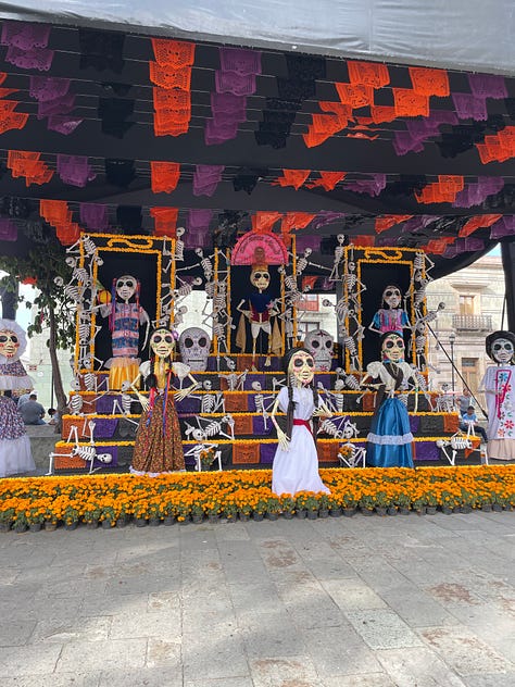 A nine image collage showing elaborate Día de Muertos decorations in the city.