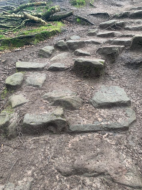 A series of three photos showing the stone path up the incline and the worn stones.