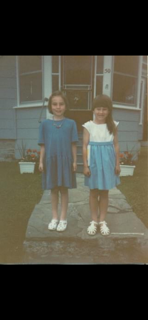 8 images of Jess and her sister Sam. They are standing in front of their childhood home in 2023 and 1990. They are playing on the playground, visiting the library, and posed outside a pizza restaurant.