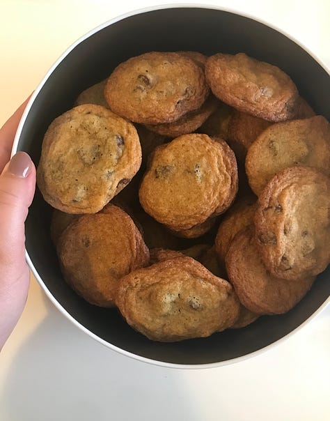 photos of chocolate chip cookies in a tub and on a plate