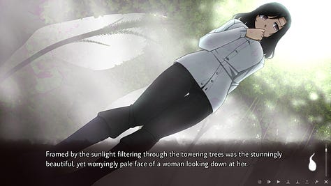 Three Lilies: Countryside screenshot of heroine Huifang worringly looking down at the viewer in a misty subtropical forest. Text in box reads: Framed by the sunlight filtering through the towering trees was the stunningly beautiful, yet worringly pale face of a woman looking down at her.  Three Lilies: Countryside screenshot of heroine Huifang angrily sobbing before the Mysterious Woman. Text in box reads: Huifang: "You liar! You liar, you liar, you awful woman!!"  Three Lilies: Suburb screenshot of a frightened Aayla and Najwa in a car. There is a cut-in of a phone displaying a glitched GPS app where the map has been replaced with static. Text in box reads: Aayla: "Is...is your Internet okay? Your data. Did you run out of data?"  Three Lilies: Suburb screenshot of protagonist Aayla huddled with her little sister Deja and girlfriend Najwa in a void. All look very upset. Text in box reads: Deja: "When I met you for the first time and saw you holding Aayla's hand, Najwa, I was so excited for that to be me someday.  Three Lilies: City screenshot of heroines Kiran and Anzu and protagonist Tara heading down a stairwell. Kiran wears casual clothes while the other two wear futuristic radiation suits. Kiran is curious; Tara is smiling in exasperation; Anzu looks terrified. Text in box reads: Kiran: "Chainsaw murderers?"  Three Lilies: City screenshot of heroine Anzu getting strangled before touchscreen control panels and camera feeds, wincing in pain. One control panel is bright red with "100%" visible on the screen. Text in box reads: "A module on an accidentally activated screen suddenly rose rapidly, warning that the heat signature coming from the SMRs was very high—"