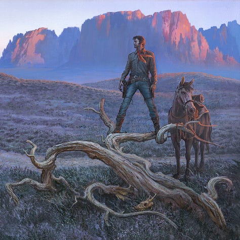 LEFT: Detail of OUTSIDE ELURIA featuring Roland standing on a low, desiccated branch to get a better view of the road ahead. Sunset casts lavender shadows on the tall butte that runs behind him. CENTER: Close detail from OUTSIDE ELURIA featuring the curling, desiccated tree that barely climbs off the ground. The skull of a horned herd animal lies among the cracked branches lying in the scrub. RIGHT: Detail from OUTSIDE ELURIA featuring the town squatting on the horizon with a full moon hanging overhead and birds circling ominously in silhouette.