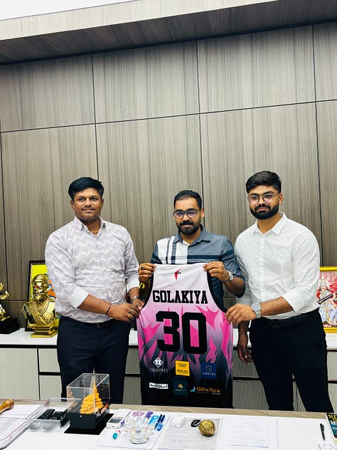 Surat Ultimate Basketball League 2024: Jersey revealing ceremony with the President of Surat District basketball Association Mr Jignesh Patil with the respective team Icon Players